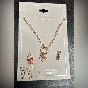 LC Lauren Conrad Gold Chain Necklace with Pink Bow and Red Strawberry Charms